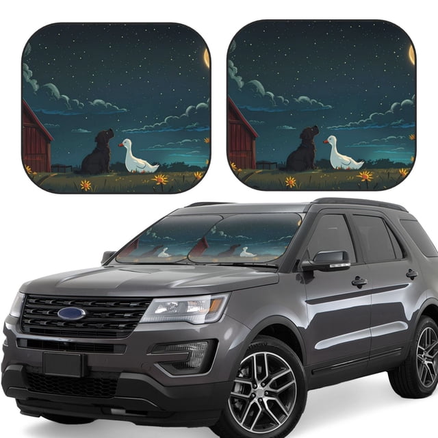 Vsdgher Farm Dog Duck Moonlight Print Car Windshield Sun Shade, Reflective Sunshade Window Sunshade Sun Visor Protector Fit for Cars,Trucks,SUVs-Medium