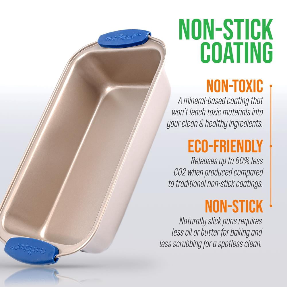 NutriChef Non-Stick Loaf Baking Pan, Deluxe Gold Carbon Steel Pan W/ Blue Silicone Handles, (Gold)