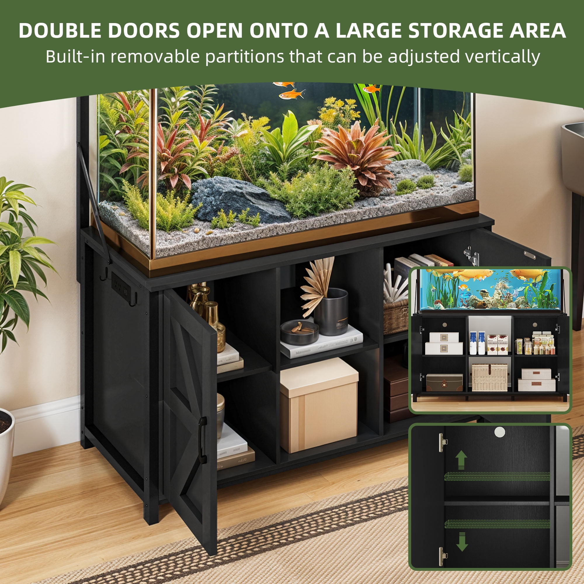 Uforic 120 Gal Fish Tank Stand w Shelf and Cabinet, 1100 Lbs Capacity, Power Outlets, Metal, Black