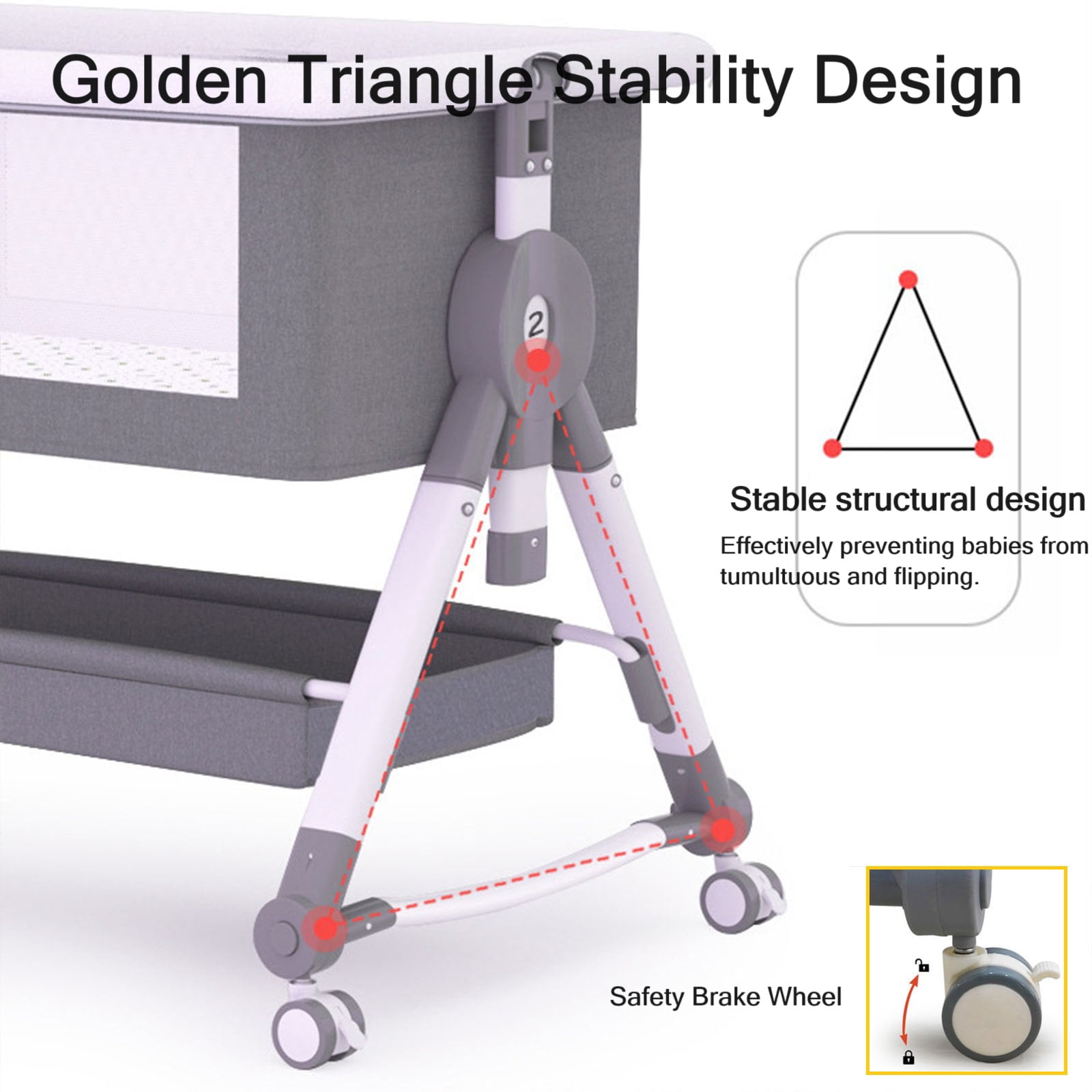SLLINGLUO Baby Bassinet with Wheels, 5-Level Height Adjustable Folding Bedside Crib, Light Gray