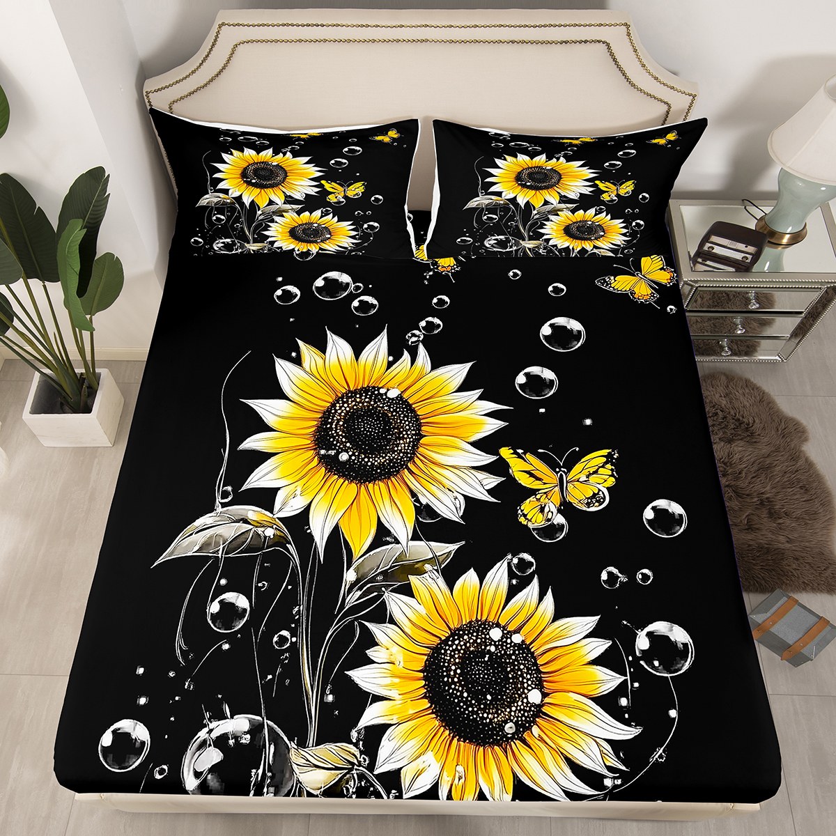 Homewish Cartoon Sunflower Teen Twin Sheet Sets, Dreamy Butterfly Animal Twin Fitted Sheet, Rustic Plant Botanical Flat Sheet, Super Cozy Room Decor, 3 Pieces