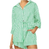 2 Piece Sets for Women Two Piece Pants Outfits Linen Women Flip Collar Stripe Button Long Sleeved Jacket Elastic Waist Shorts New & Trending