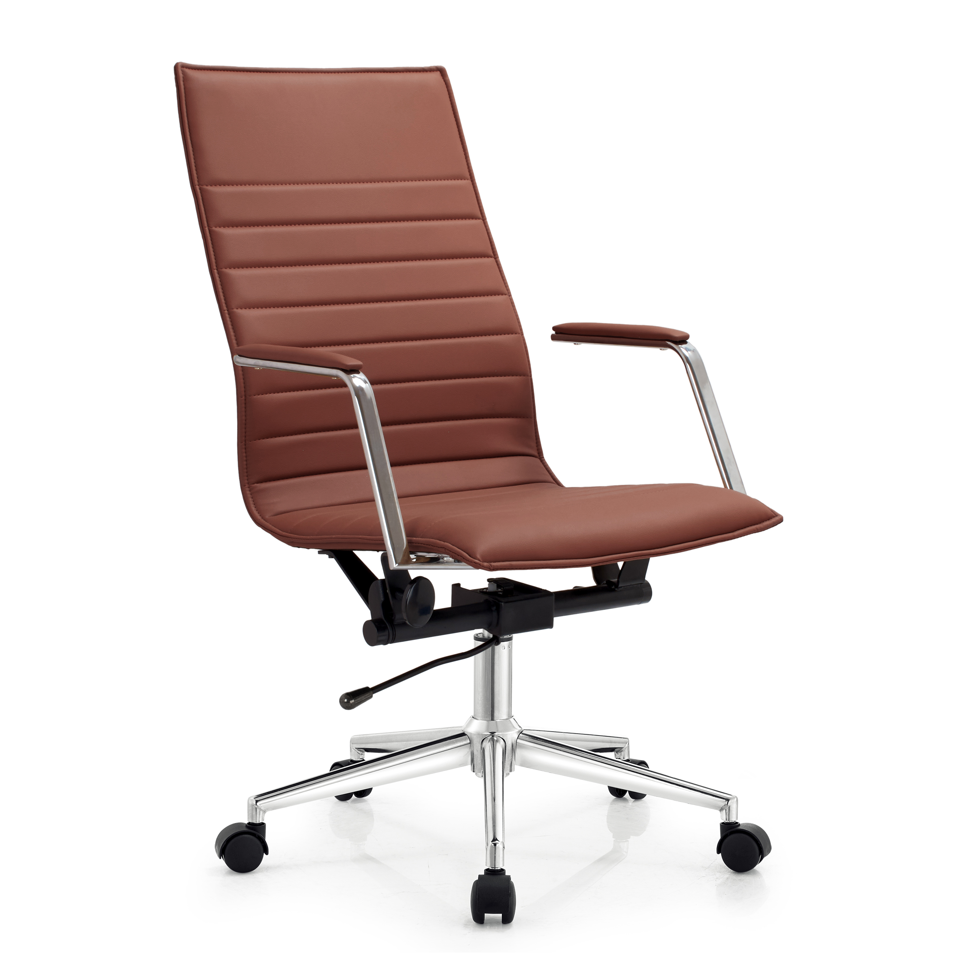 2xhome - Set of 2 Brown Mid Century Modern High Back Tall Ribbed PU Leather Swivel Tilt Adjustable Chair Designer Boss Executive Manager Office Conference Room Work Task Computer