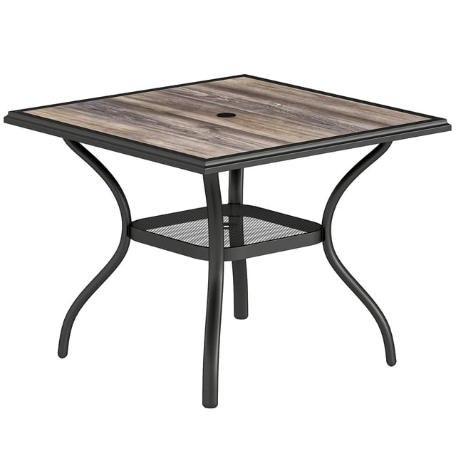 Table à Manger Extérieure Carrée de 37 Pouces pour 4, Table de Patio Grise avec Dessus en Faux Bois, Trou pour Parasol et Tablette de Rangement Inférieure, Table de Jardin en Acier Résistant aux Intempéries pour Cour Arrière et Terrasse