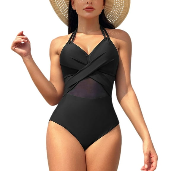 SWSMCLT Women's Sexy One Piece Bathing Suit Slimming Padded Backless Swimming Suit Swimwear Beach Mesh Halter Black Large