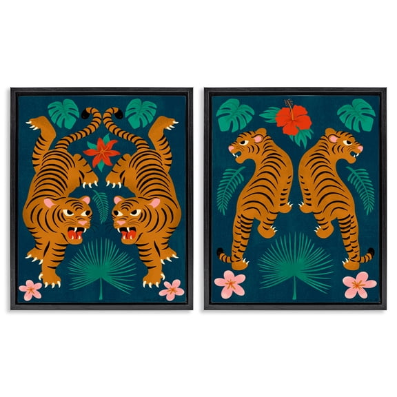 Stupell Industries Twin Jungle Tigers Animals Painting Black Floater Framed Canvas Art Print Wall Art, 17 x 21, Set of 2
