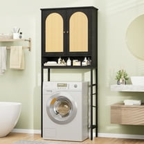 Veanerwood Rattan Toilet Storage Cabinet, Over The Rack Wood Cabinet with Metal Stand, Bathroom Organizer with Adjustable Shelf, Tall Freestanding Washer Shelf, Small Cupboard, Black