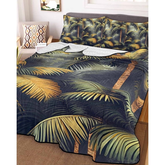 Tropical Plant King Size Down Alternative Comforter, Lightweight Comforter Quilt Bedding Set with Pillow Shams Summer Botanical Palm Tree Leaves Retro All Seasons Bed Comforter Duvet Insert 96"x106"