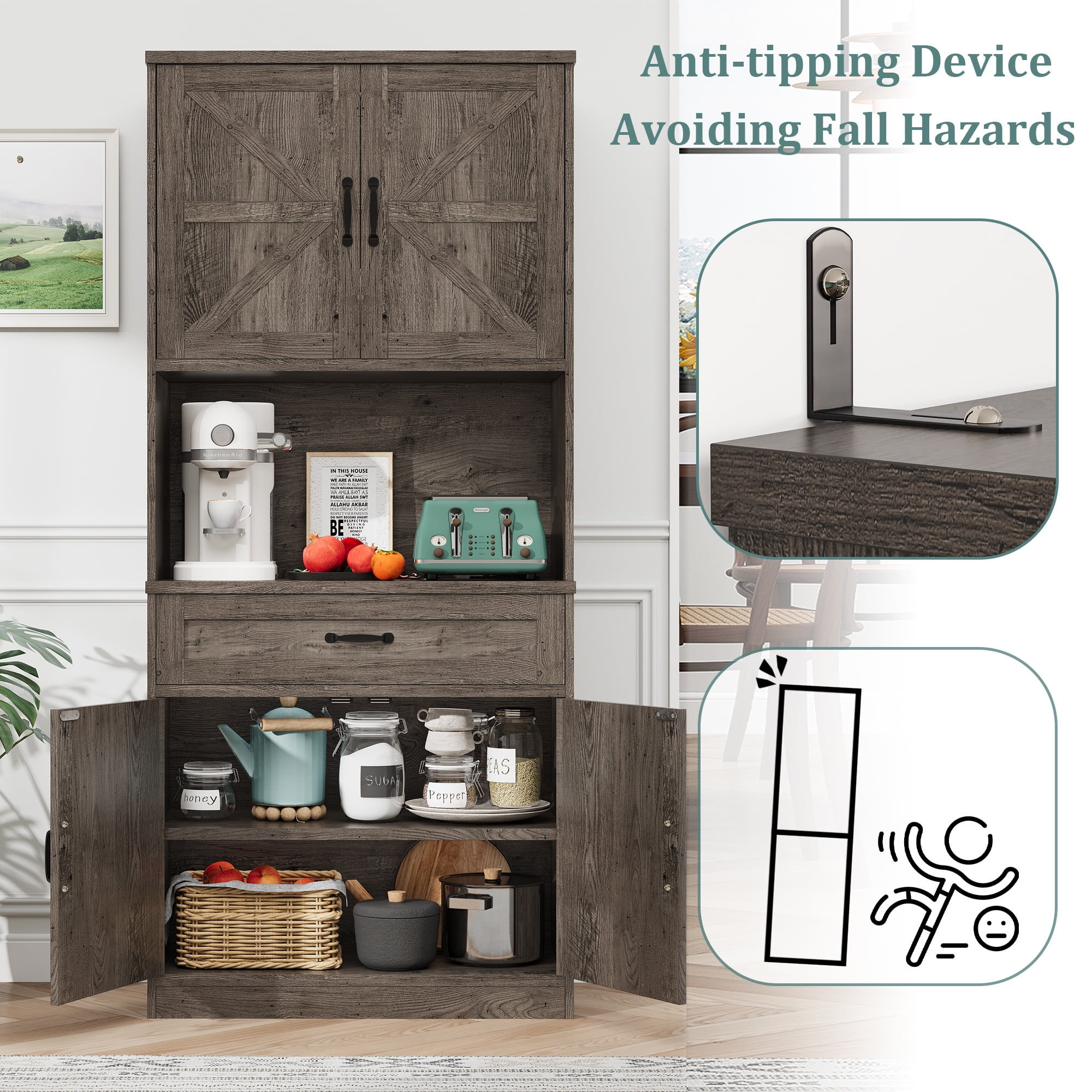 PPorfamilia 71-Inch Farmhouse Kitchen Pantry Storage Cabinet with Drawer and Charging Station, Oak