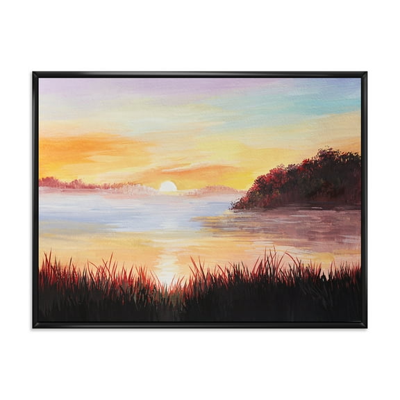 The Reeds On The Lake In Evening Glow 20 in x 12 in Framed Painting Canvas Art Print, by Designart