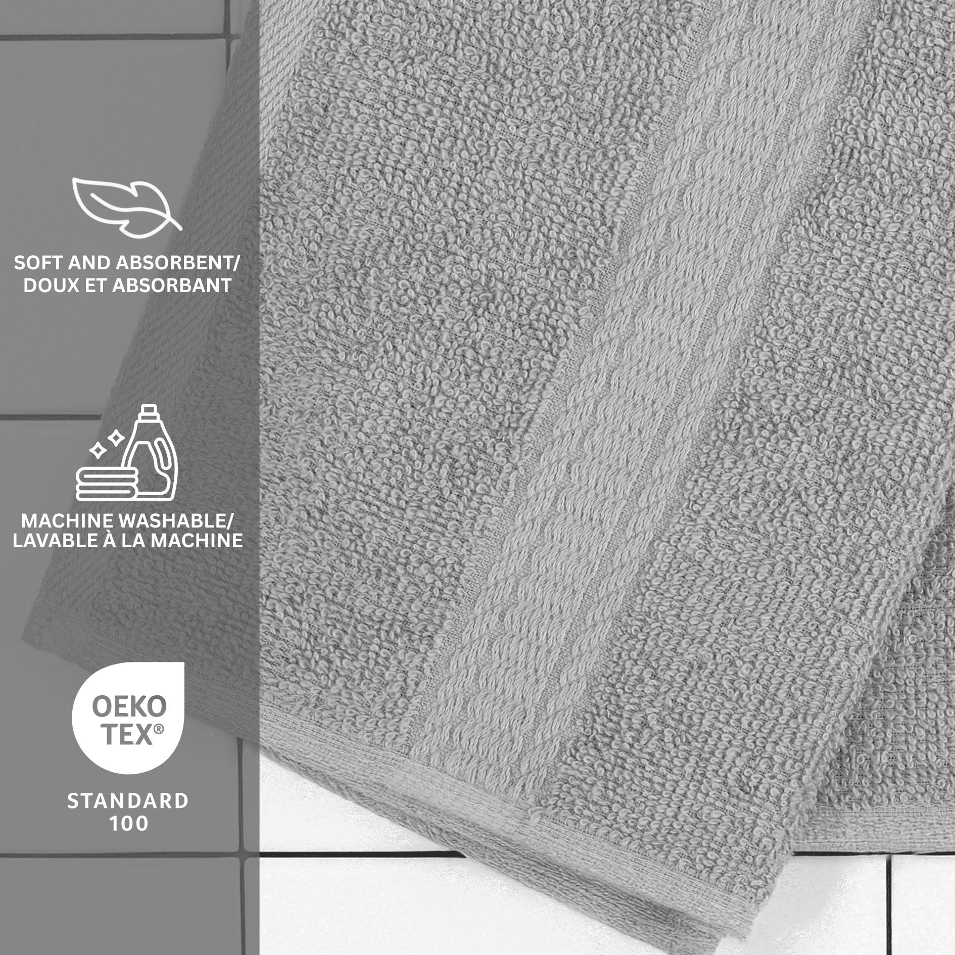 Mainstays Basics 8pk Washcloth Set, Charcoal, 100% Cotton, 12x12