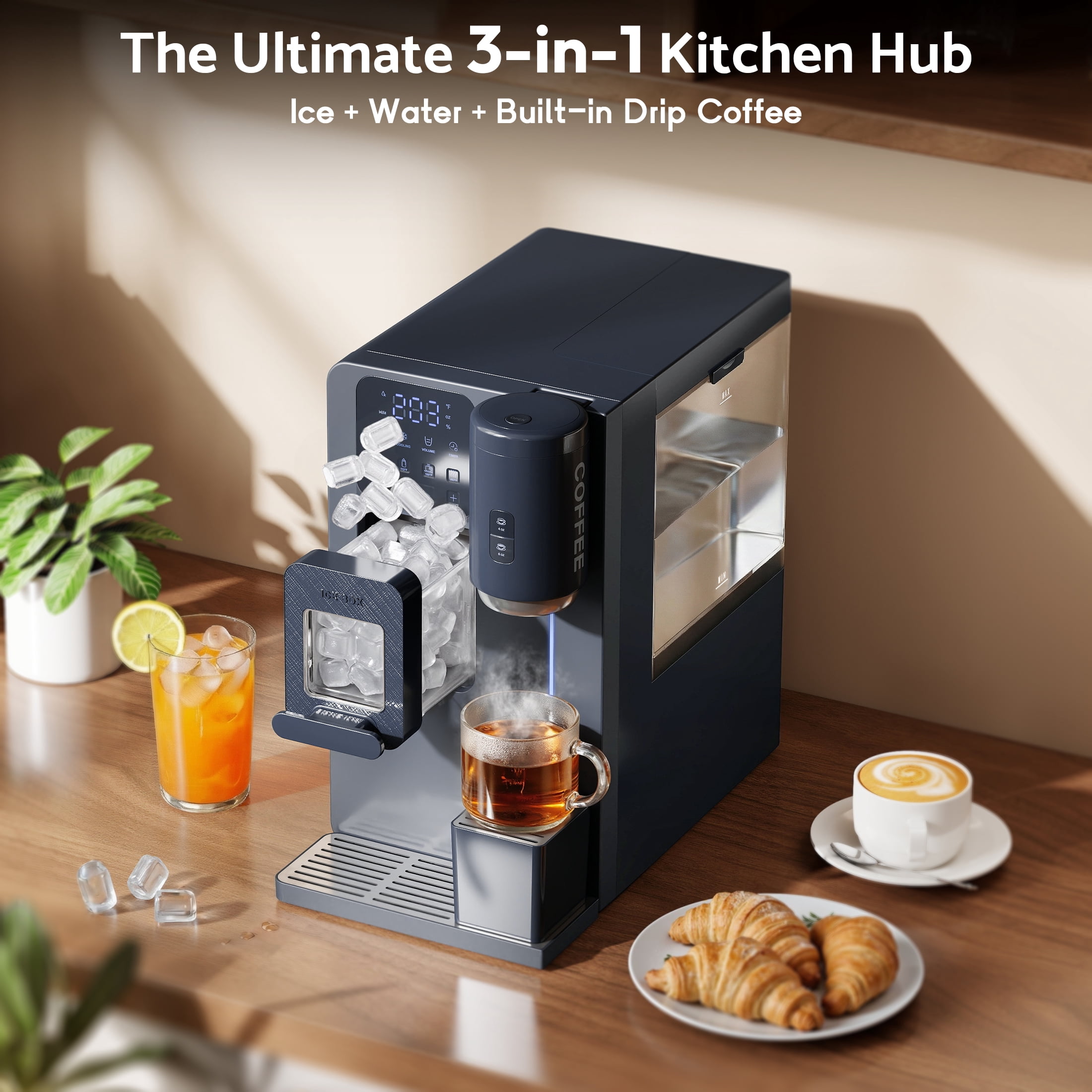 Flamemore 3-in-1 Countertop Water Dispenser with Ice Maker, Drip Coffee Maker, Hot/Cold Water & Bullet Ice, Self-Cleaning, UV Sterilization