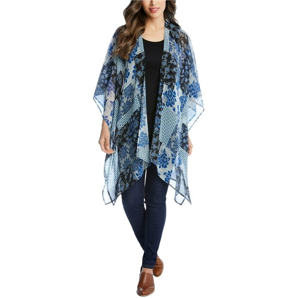 Karen Kane Womens Sheer Patchwork Open Front Kimono Top Blouse, Blue, X-Small