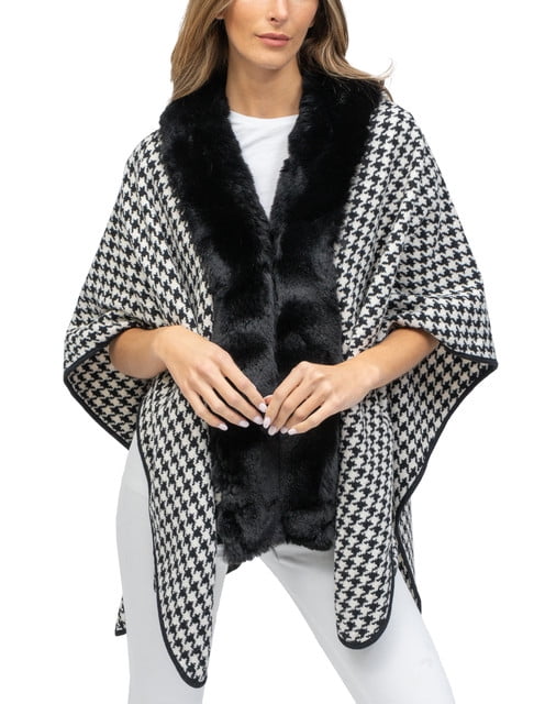 Just Jamie Houndstooth Ruana with Faux Mink Trim