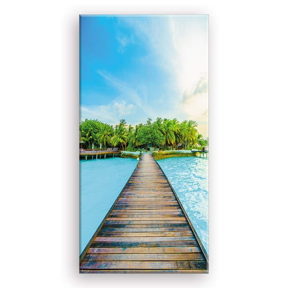 Art Mural sur Toile de Plage pour Couloir, Pont Vertical de PIY vers l'Le Tropicale avec Ciel Bleu, Impressions Modernes Relaxantes Décoration de Couloir (Imperméable, Support Monté Prêt à Accrocher)