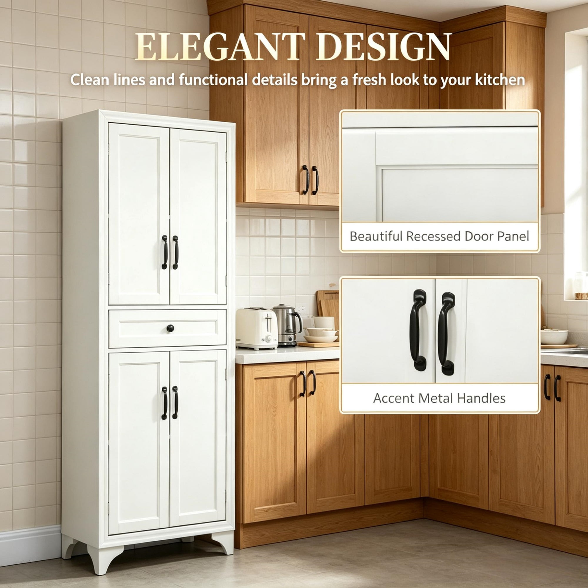 67" 4-Door Kitchen Pantry, with Drawer and Adjustable Shelves, Large-Capacity Storage Cabinet, White