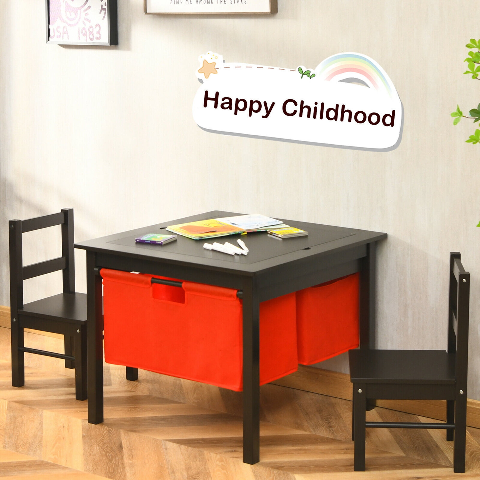 Gymax 2-in-1 Kids Activity Table & 2 Chairs Set w/Storage Building Block Table Espresso