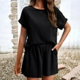 thumbnail image 4 of Linen Pants Suits for Women 2 Piece Vacation Outfits for Women Clothing Set Female Turndown collar Short Sleeve Set Trousers Pant Style S_776 Women's Tracksuits Black M, 4 of 9