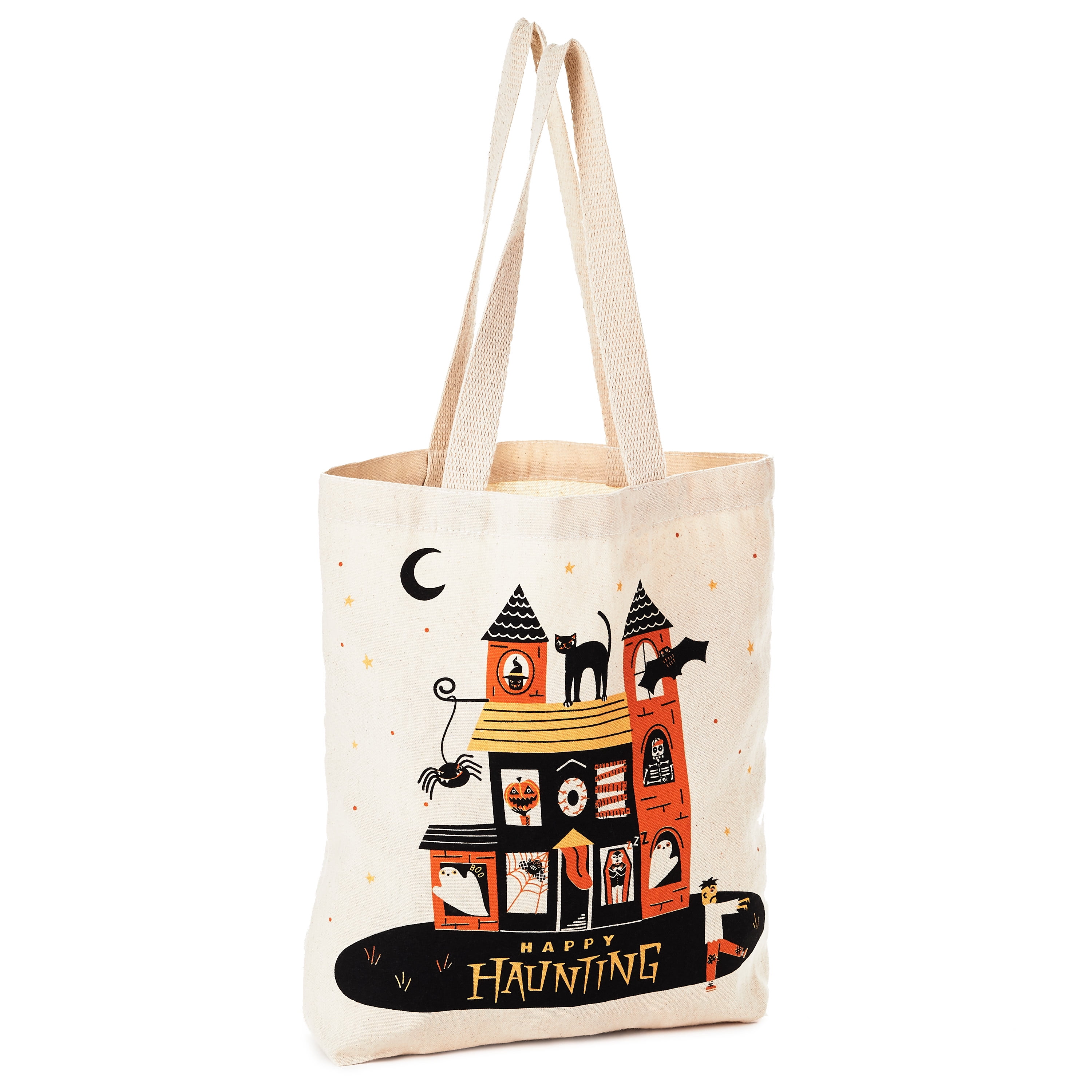 Hallmark 13' Large Halloween Tote Bag ('Happy Haunting' Haunted House) Reusable Canvas Bag for Trick or Treating, Grocery Shopping and More