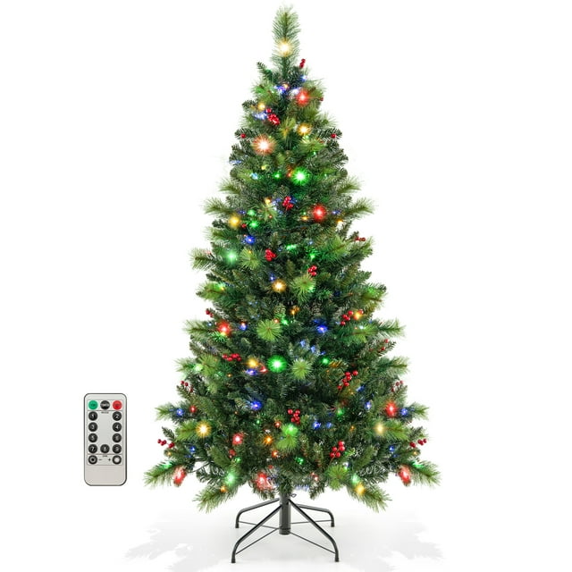 Patiojoy 6 FT Artificial Christmas Tree Pre-lit Xmas Tree with 670 Branch Tips Pine Needles 300 Multi-Color & Warm-White LED Lights