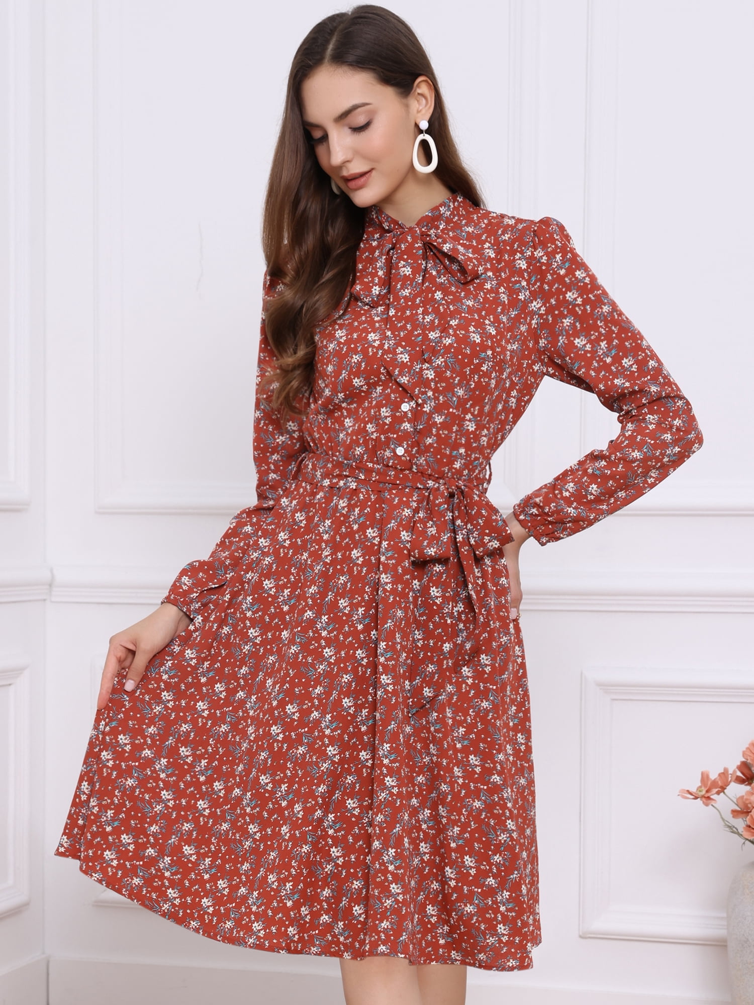 DARING DIVA Women's Tie Neck Chiffon Long Sleeve Belted Floral Dress M Red White