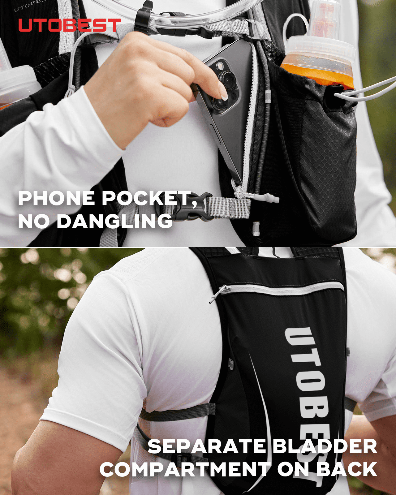 UTOBEST Running Backpacks Lightweight Hydration Pack Functional Vest 5L with 2pcs 350ML Soft Flasks