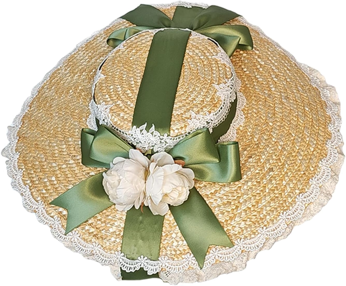 Kukuzhu Women Victorian Tea Party Sun Hat, Lolita Bows Flower Ribbon Flat Straw Hat Summer Beach Bonnet Cap for Travel