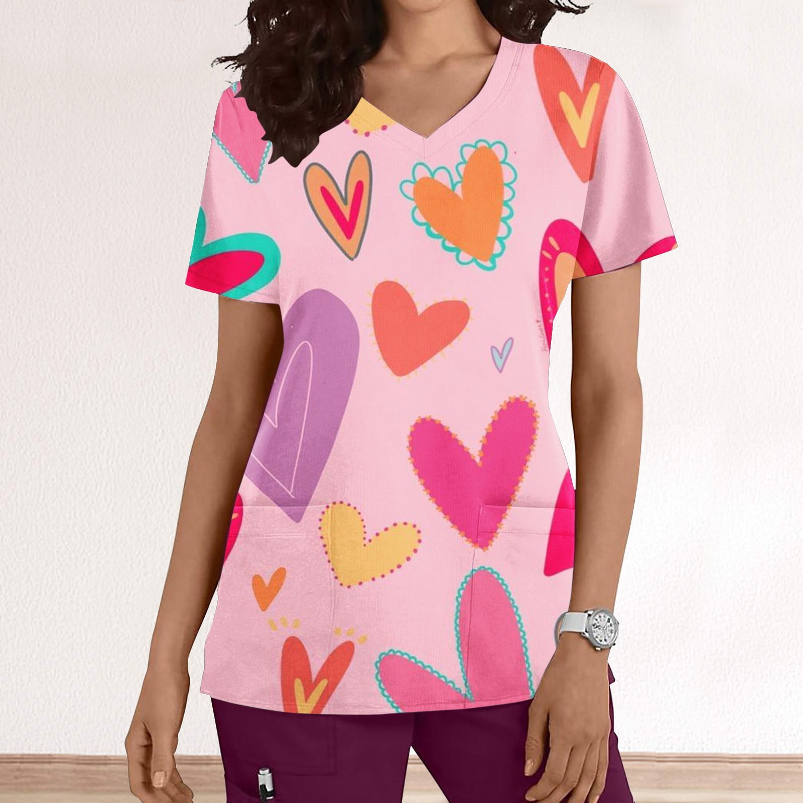 HUANCALY Valentine's Day Womens T Shirts Lace Up Colorful Print