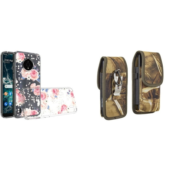 Case and Pouch Bundle for Nokia C200: Slim Series TPU Protector Case (Vintage Pink Floral) and Vertical Rugged Nylon Belt Holster (Camo)