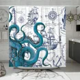 thumbnail image 3 of Cortina de ducha con diseño de océano, playa, palmeras tropicales, tortuga marina, gato, vela, flamencos, concha de coral, juego de cortina de ducha para decoración de baño, 3 of 5