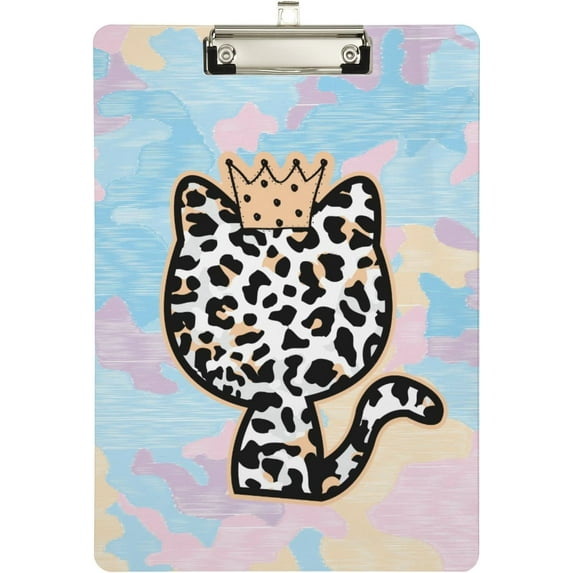 FMSHPON Leopard Cat Crown Camo Clipboard Hardboard Wood Nursing Clip Board and Pull for Standard A4 Letter 13x9 inches