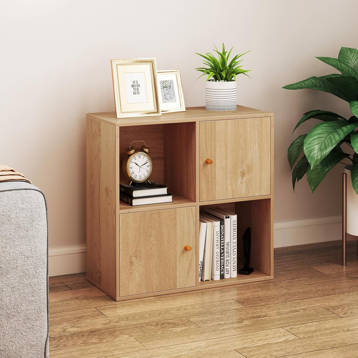 CRXX 4 Cube Bookcase, 2 Tier Bookshelf with Doors & Open Storage, Wooden Bookshelves & Bookcases, Modern Display Shelf, Small Book Shelf for Bedroom, Living Room, Home Office (Natural, 4 Cubes)