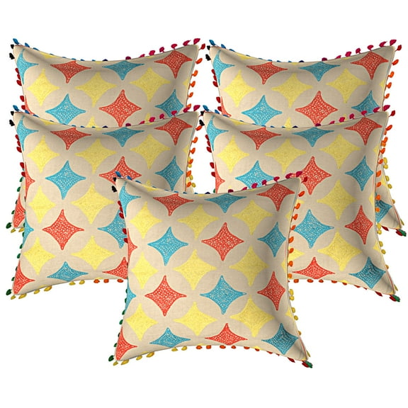 Stylo Culture Ethnic Sofa Throw Pillow Covers 16x16 Towel Embroidered Multi Color Zippered 40x40 cm Pom Pom Lace Cotton Geometric Square Cushion Covers | Set Of 5
