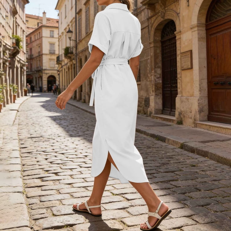 Nerohusy Short Sleeve Button Down Shirt Dress for Women Business Casual Irregular Hem Maxi Dresses with Belted,White,M, Women's, Size: Medium Nerohusy Short Sleeve Button Down Shirt Dress for Women Business Casual Irregular Hem Maxi Dresses with Belted,White,M, Women's, Size: Medium
