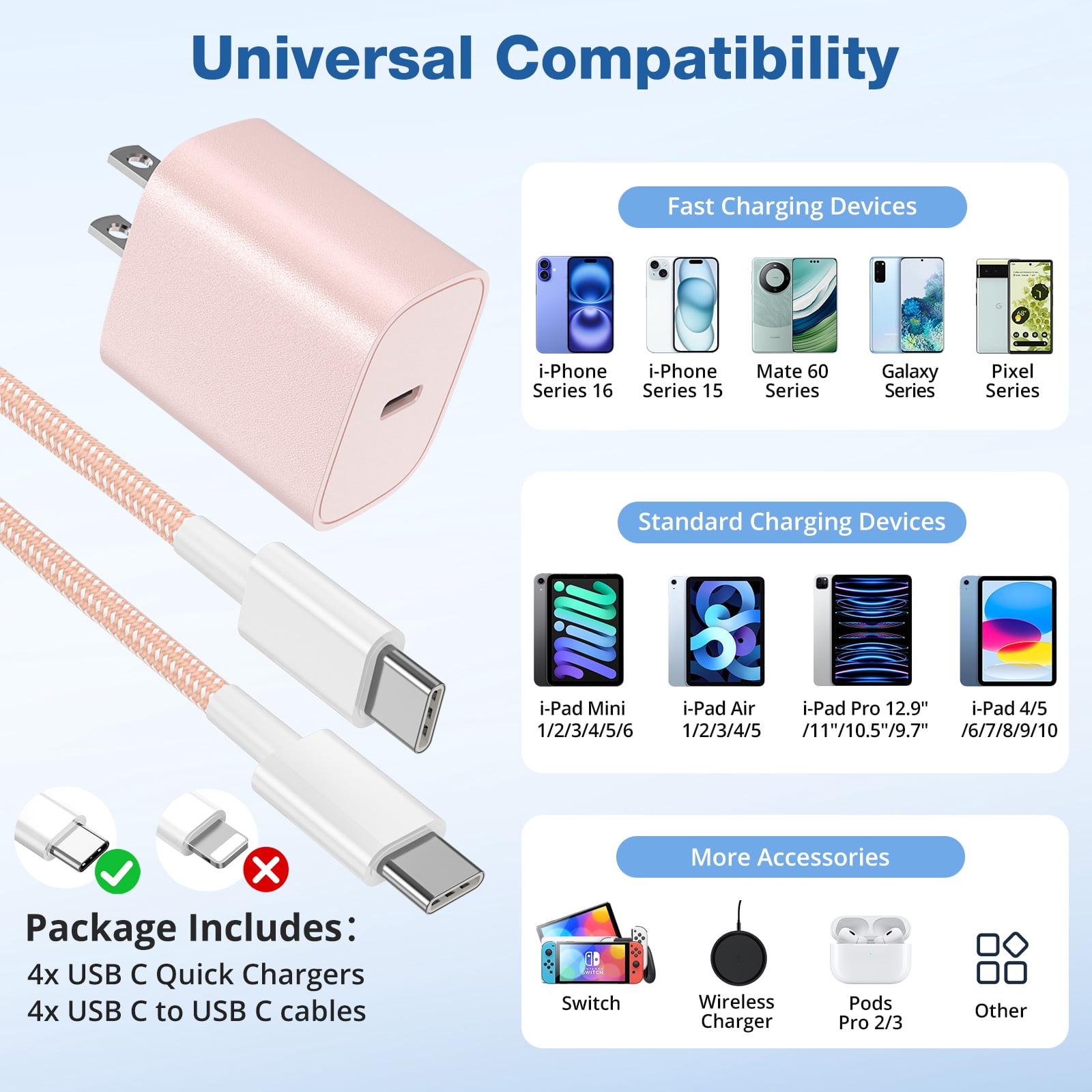 Phone Charger Fast Charging Type C Charger USB C Charger Block 3Pack 6FT Charging Cable for Phone Fast Charger Compatible with i-Phone 16/16 Plus/16 Pro/16 Pro Max/i-Phone 15/15 Pro Max/iPad and More