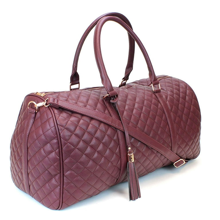 Women s Quilted Leather Weekender Travel Duffel Bag With Rose Gold Hardware Large 22 Size Cute Satin Inner Lining Dark Red Walmart