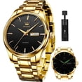 thumbnail image 1 of Reloj de oro para hombre Reloj de vestir de negocios de cuarzo analógico Fecha Acero inoxidable Clásico Lujo Luminoso Impermeable Reloj casual para hombre Acero inoxidable dorado Esfera negra, 1 of 5
