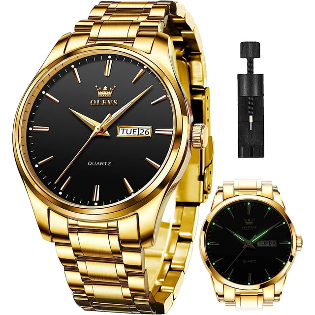 Reloj de oro para hombre Reloj de vestir de negocios de cuarzo analógico Fecha Acero inoxidable Clásico Lujo Luminoso Impermeable Reloj casual para hombre Acero inoxidable dorado Esfera negra