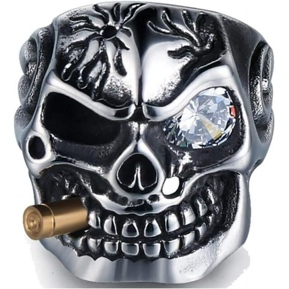 Vintage Stainless Steel Gothic Skull Smoking Bullet Biker Cocktail Party Ring