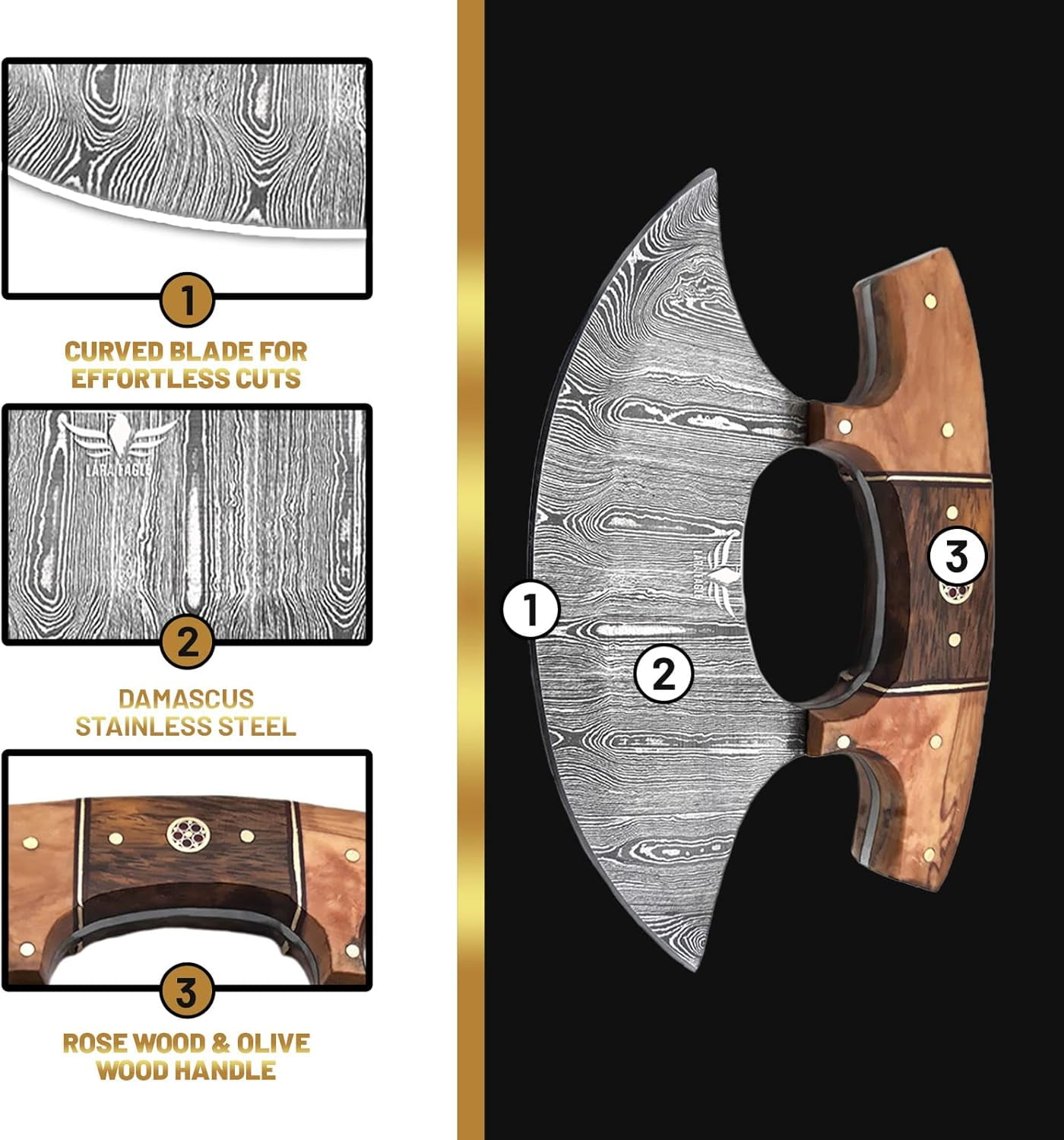 Lara Eagle Damascus Steel Ulu Knife, Celtic Knot Handle made of Exotic Rose Wood and Olive wood, 6 inch blade One-Handed Rocker Knife with Leather Sheath
