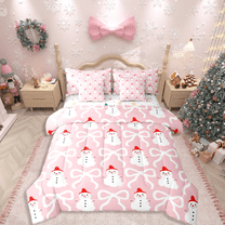Manfei Bow Snowman 7-Piece Twin Bedding Sets,Pink White Bedding Comforter Set,Merry Christmas Breathable Sheet Sets,Lightweight Festival Room Decor,Reversible