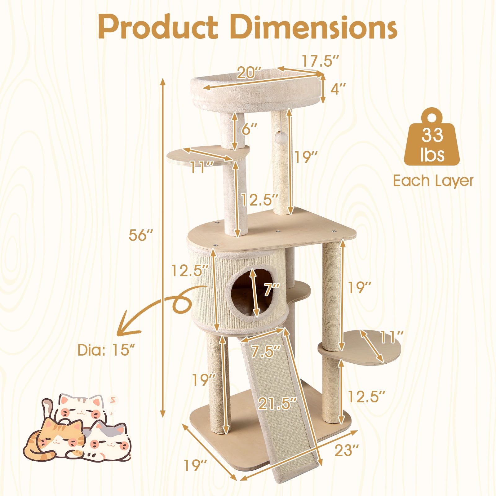 Gymax 56'' Tall Cat Tree Wooden Kitten Tower w/Sisal Scratching Posts & Mat & Ladder