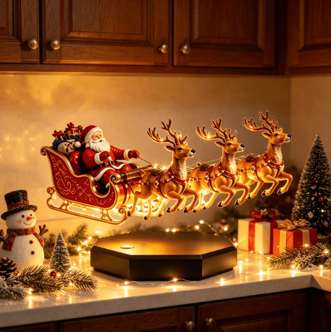 LED Lighted Floating Santa Sleigh With 4 Reindeer, Magnetic Flying Sleigh Christmas Ornament, Striking Decor For Indoor Holiday Party