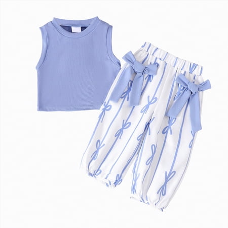 Gubotare Kids Short Sleeve Pants Set 2pcs Set Infant Baby Girl Spring Summer Clothes Set Girl Short Sleeve Crewneck Tshirt + Joggers Pants Summer Outfit Set 6 9 Months (Light Blue 6-9 Months)