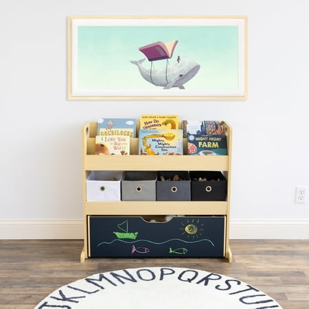 Humble Crew Dalton Toddler 3-in-1 Toddler Sized Storage Organizer with Rolling Chalkboard Toy Box, Fabric Bins, Natural/Black/White/Grey