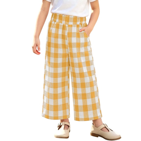 Zpanxa Girls Buffalo Plaid Wide Leg Pants Elastic Waistband Loose Fit Trendy Casual Trousers with Pockets for School Pants for Girls