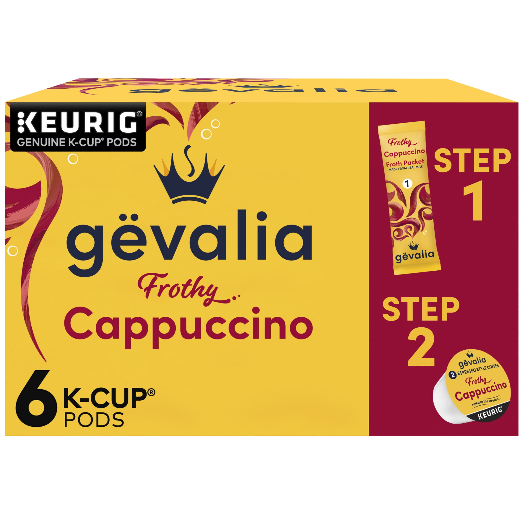 Gevalia Frothy 2-Step Artificially Flavored Cappuccino Espresso Style KCup Coffee Pods & Froth Packets Kit, 6 Ct. Box, Dark