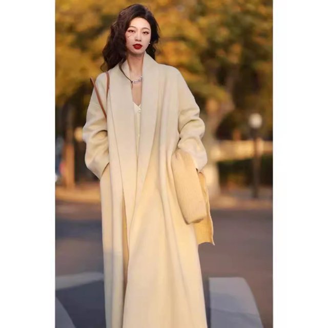 2024 Otoño Invierno nuevo abrigo largo suelto de lana coreano con cinturón elegante gabardina de Cachemira de doble cara para mujer