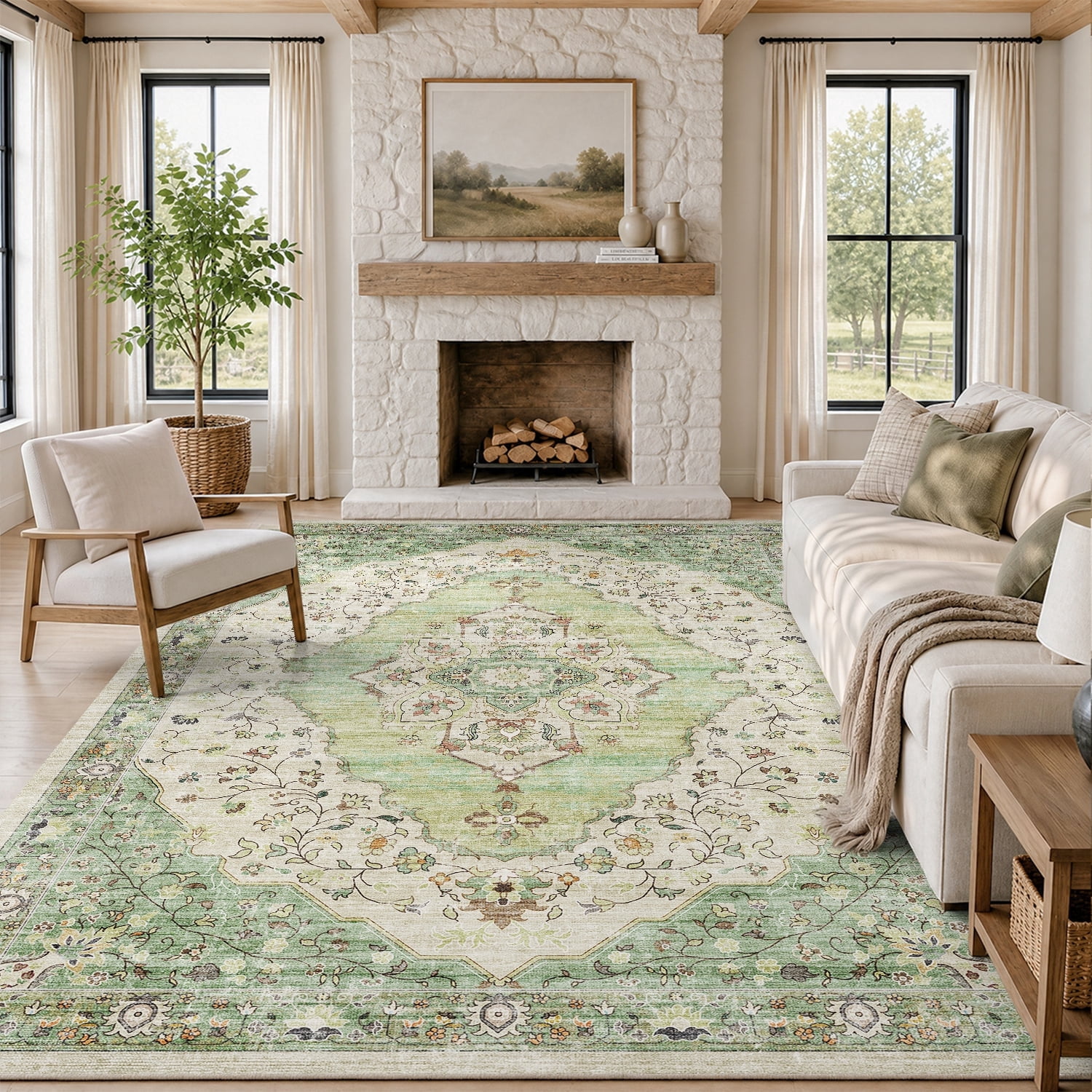 VUNATE 5'x7' Area Rugs for Living Room Washable Rugs Floral Vintage Area Rug Botanical Indoor Carpet Soft Rugs for Bedroom Office Dining Room Kitchen Accent Rug Contemporary Home Decor Green