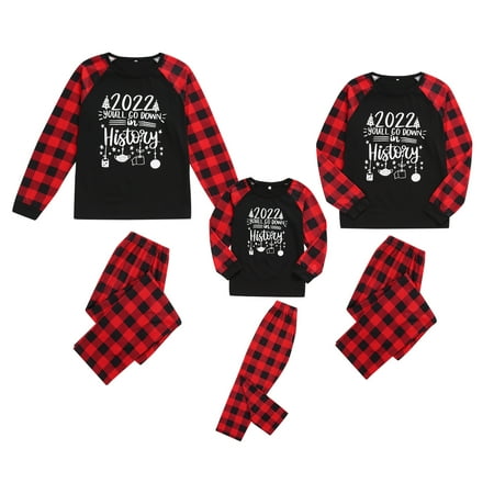 

Spring hue Christmas Family Pajamas Set Letter Print Tops Plaid Print Trousers